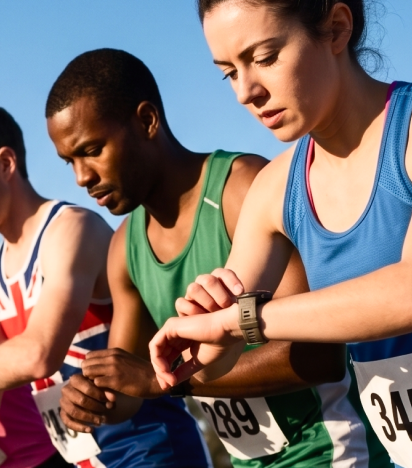 Läufer, die ihre Uhr an der Startlinie einstellen