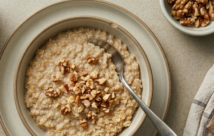 Bowl of porridge with chopped nuts in