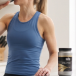 Athlete in blue top drinking a SiS Recovery drink mixed with creatine