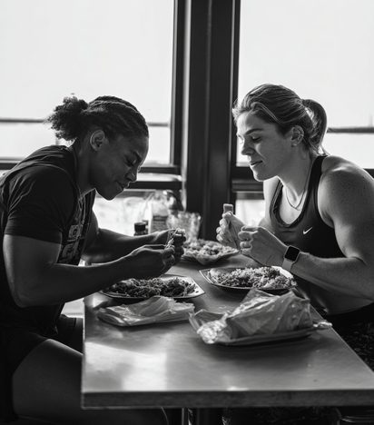 Athlete eating a quick snack in a locker room before training